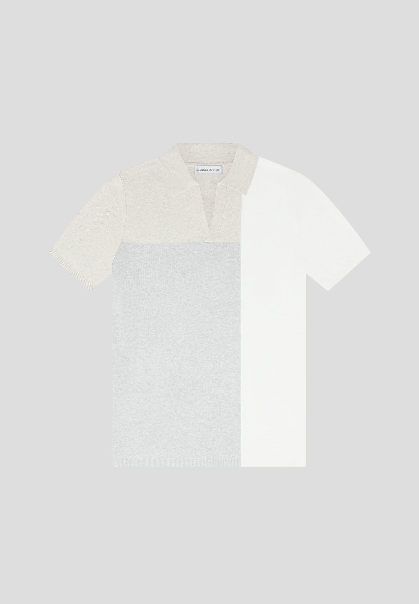 Colour Block Knit Revere Polo Top - Beige/Grey Male Product Image