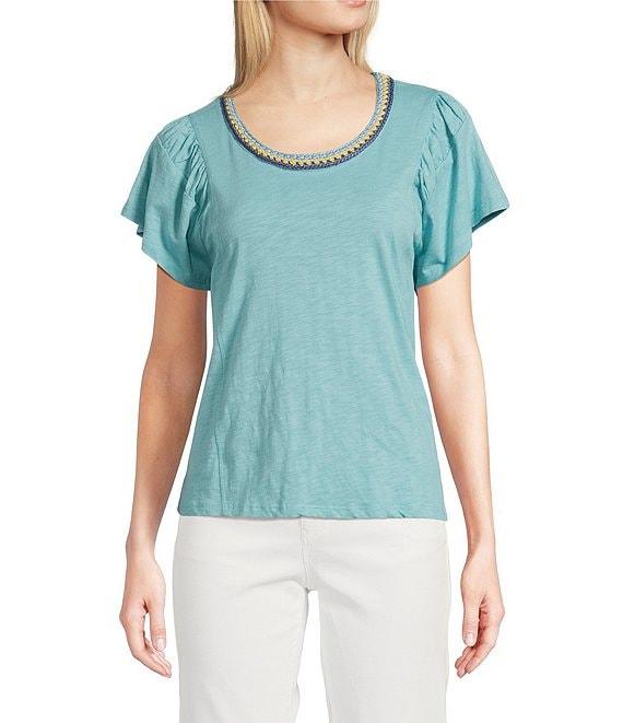 Democracy Contrast Crochet Scoop Neck Ruched Detail Short Sleeve Knit Top Product Image