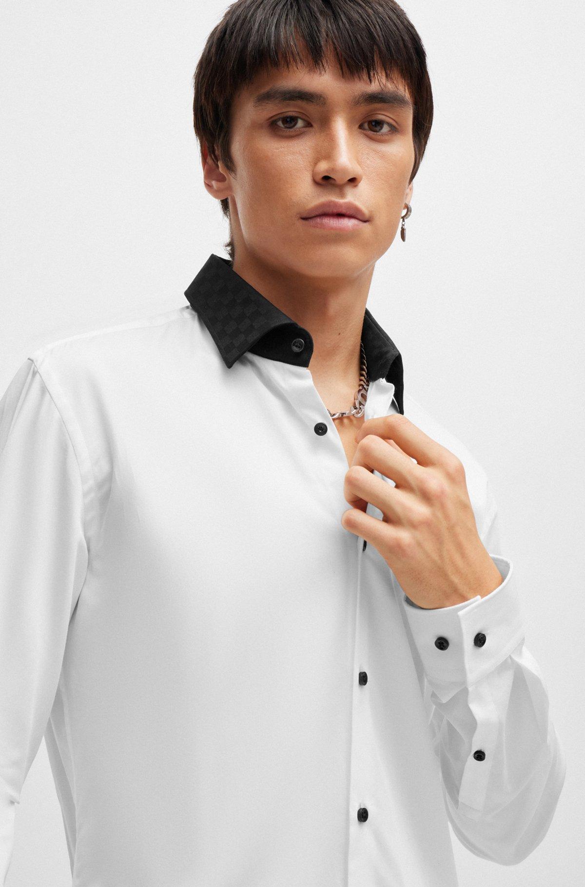 HUGO - Slim-fit shirt with contrast Kent collar - White Product Image