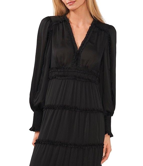 Chelsea & Violet Plisse Satin Ruffle Deep V-Neck Long Smocked Cuff Sleeve Tiered Maxi Dress Product Image