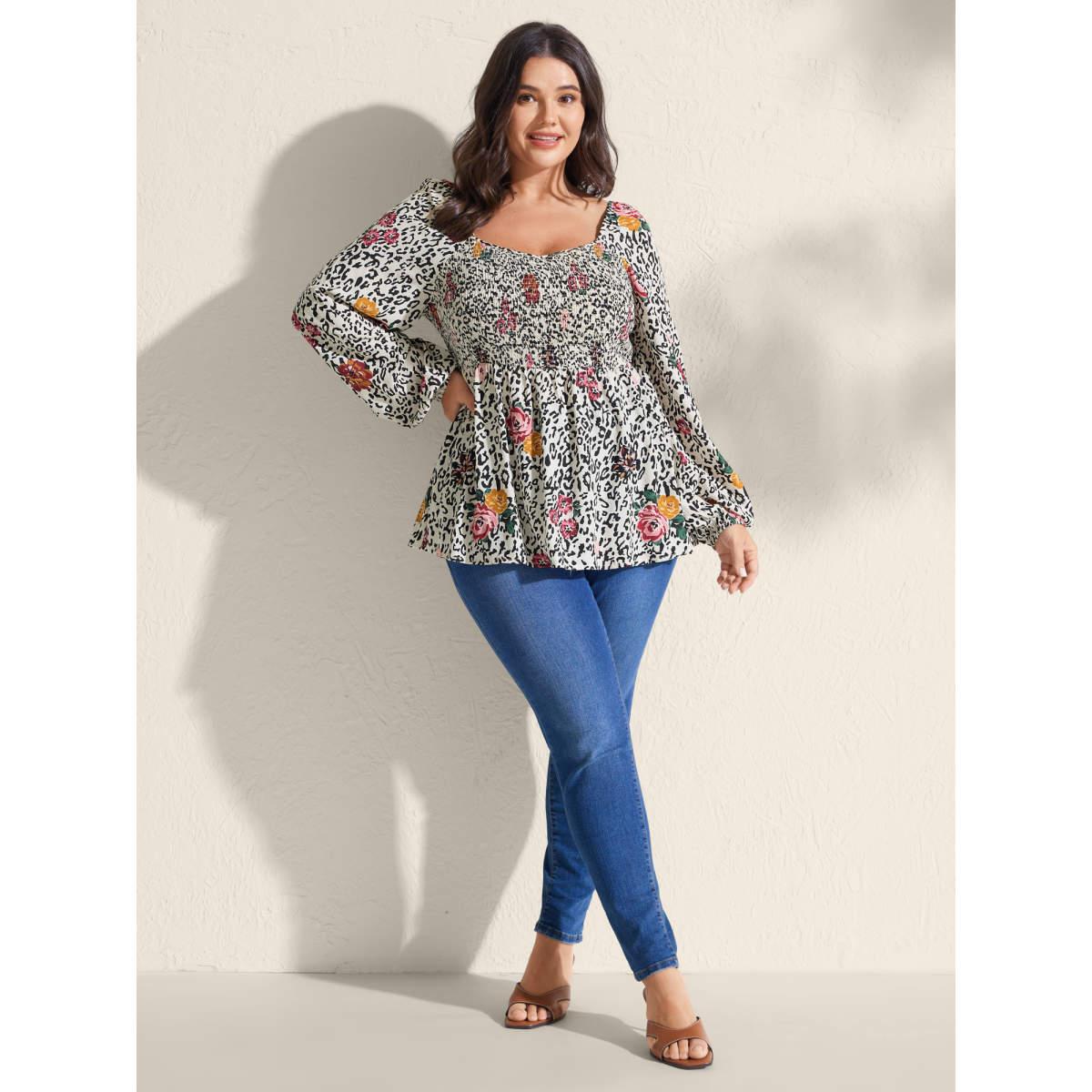 Plus Size Apricot Leopard Floral Print Shirred Blouse Women Romantic Sleeveless V-neck Elegant Blouses BloomChic 22-24/3X Product Image