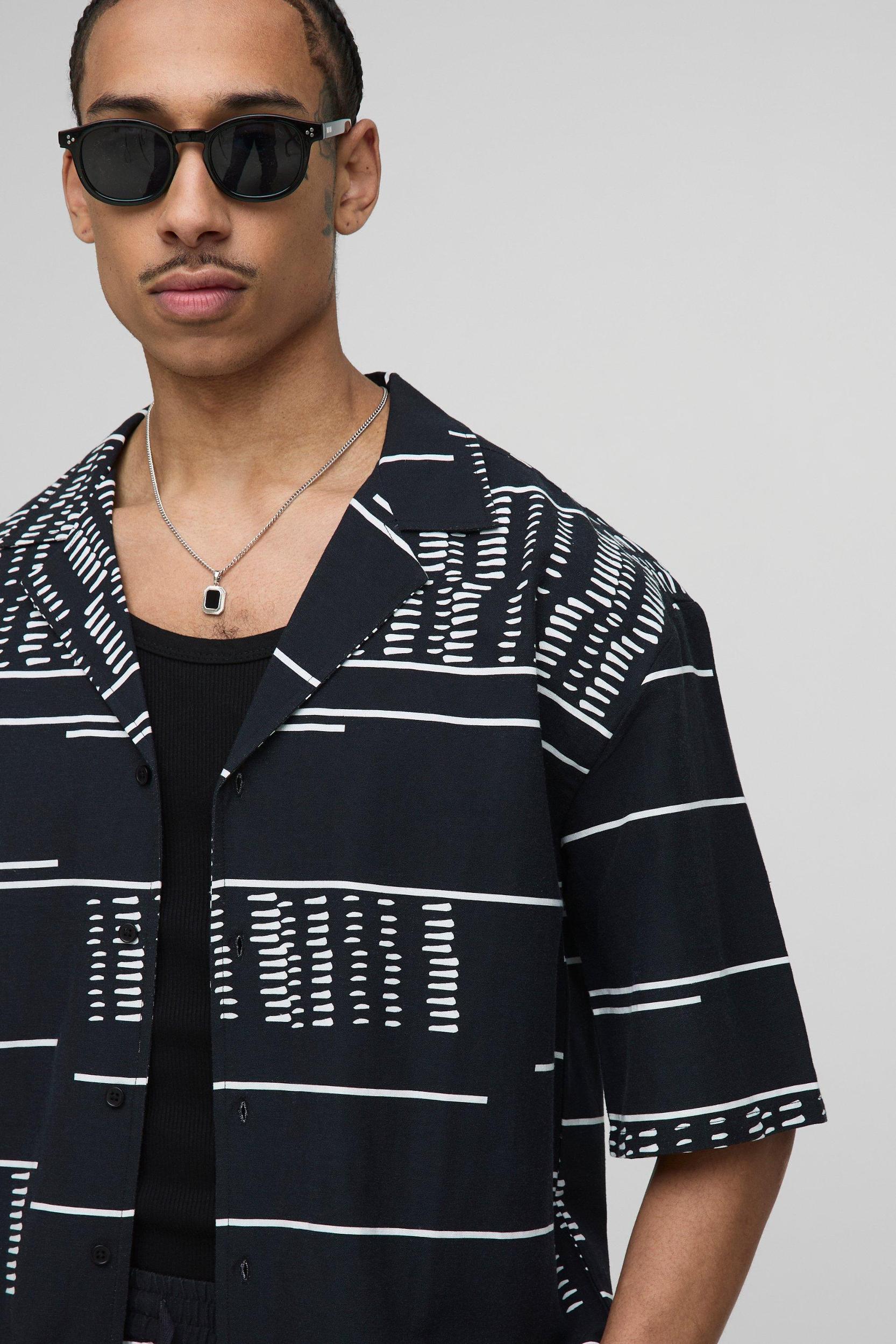 Oversized Drop Revere Printed Linen Blend Shirt & Short Set | boohooMAN USA Product Image