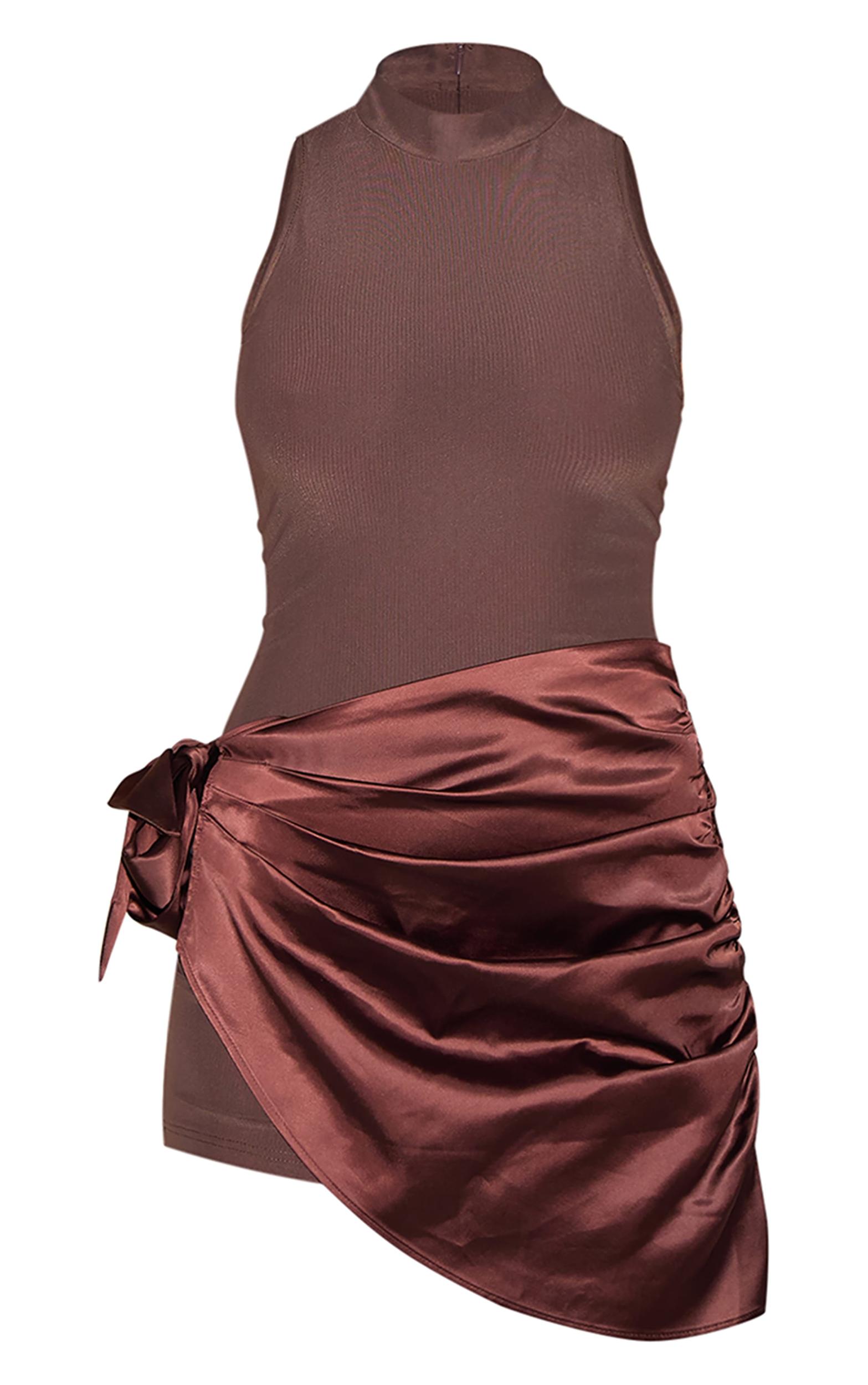 Chocolate Woven High Neck Satin Drape Mini Dress Product Image
