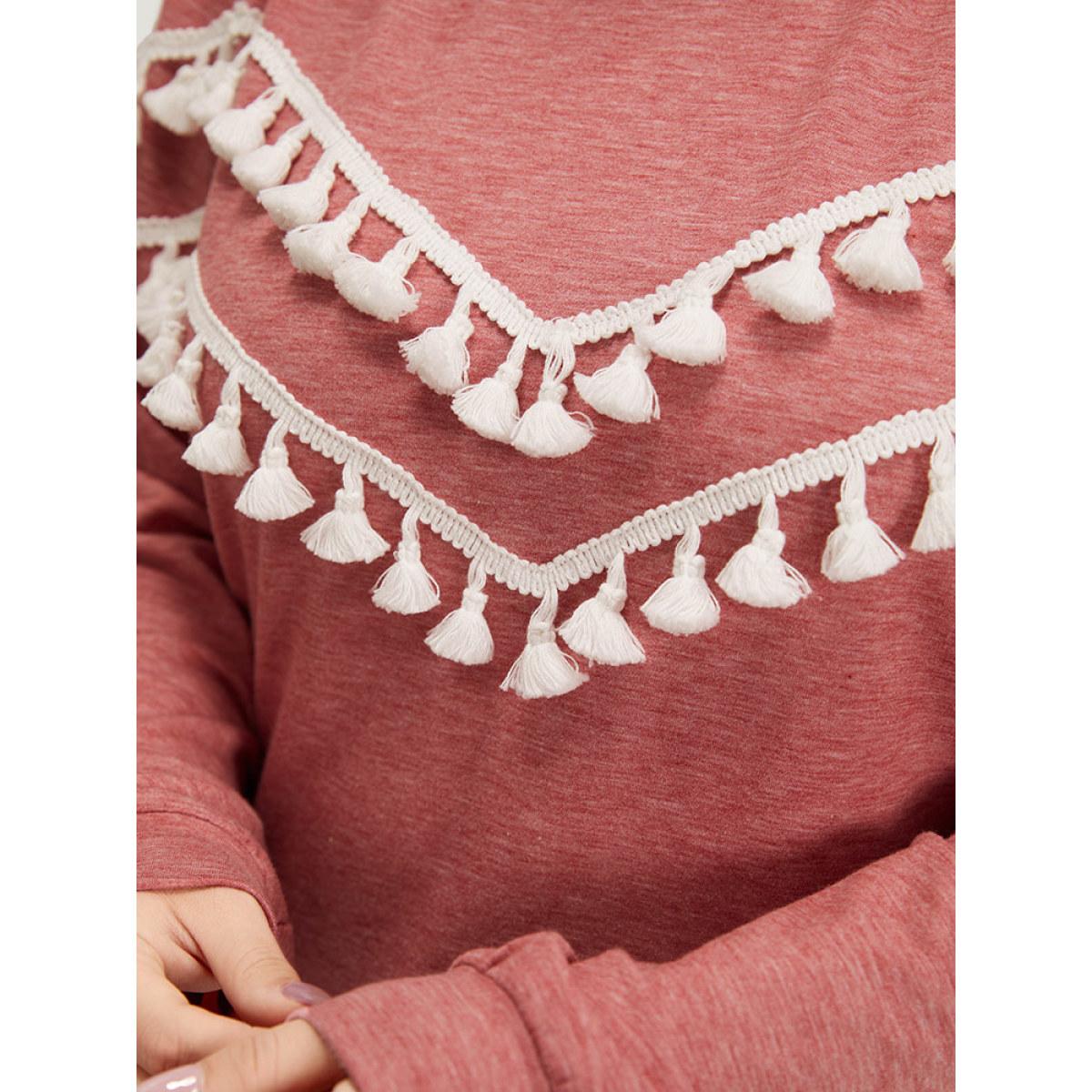 Plus Size plain Heather Crew Neck Tassel Trim Sweatshirt Women Russet Elegant Elastic cuffs Round Neck Dailywear Sweatshirts BloomChic 12/L Product Image