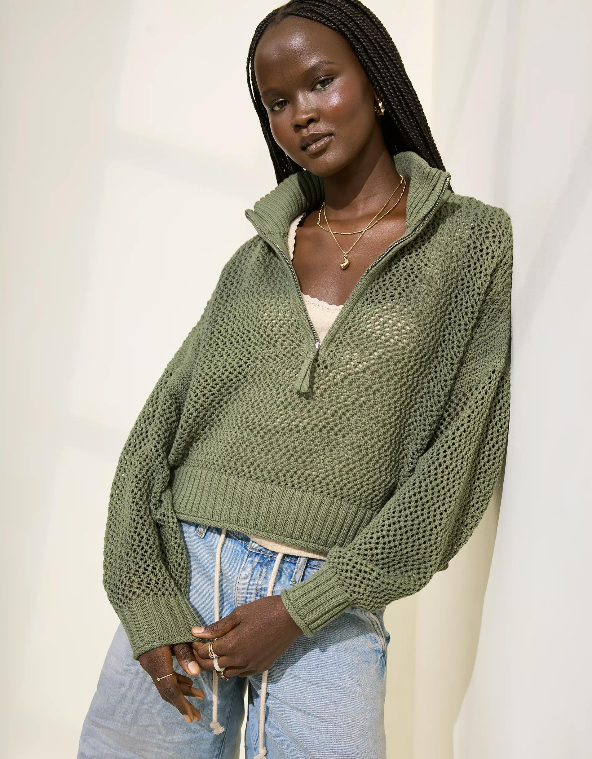 Aerie Crochet Quarter Zip Sweater Product Image