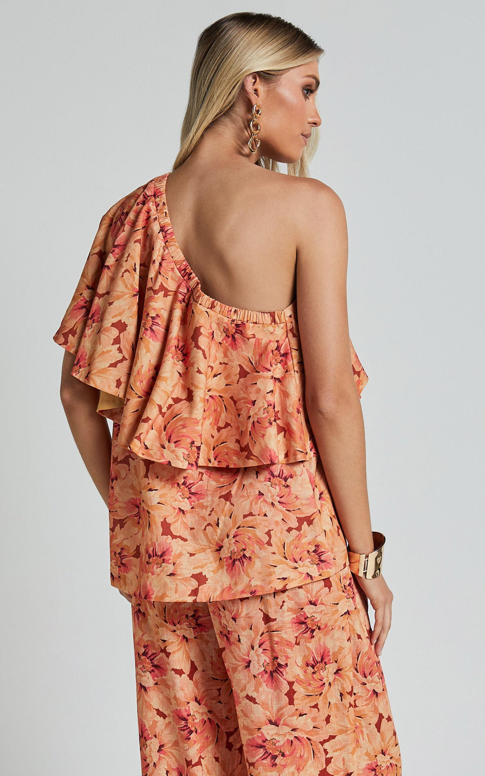Amalie The Label - Aiko Linen Look Blend One Shoulder Frill Top in Valencia Print Product Image