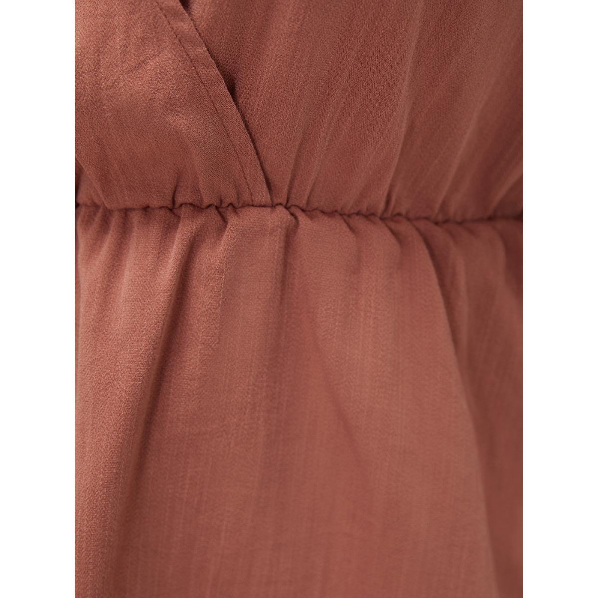 Plus Size Rust Plain Ruched Shoulder Wrap Blouse Women Elegant Short sleeve V-neck Dailywear Blouses BloomChic 12/L Product Image