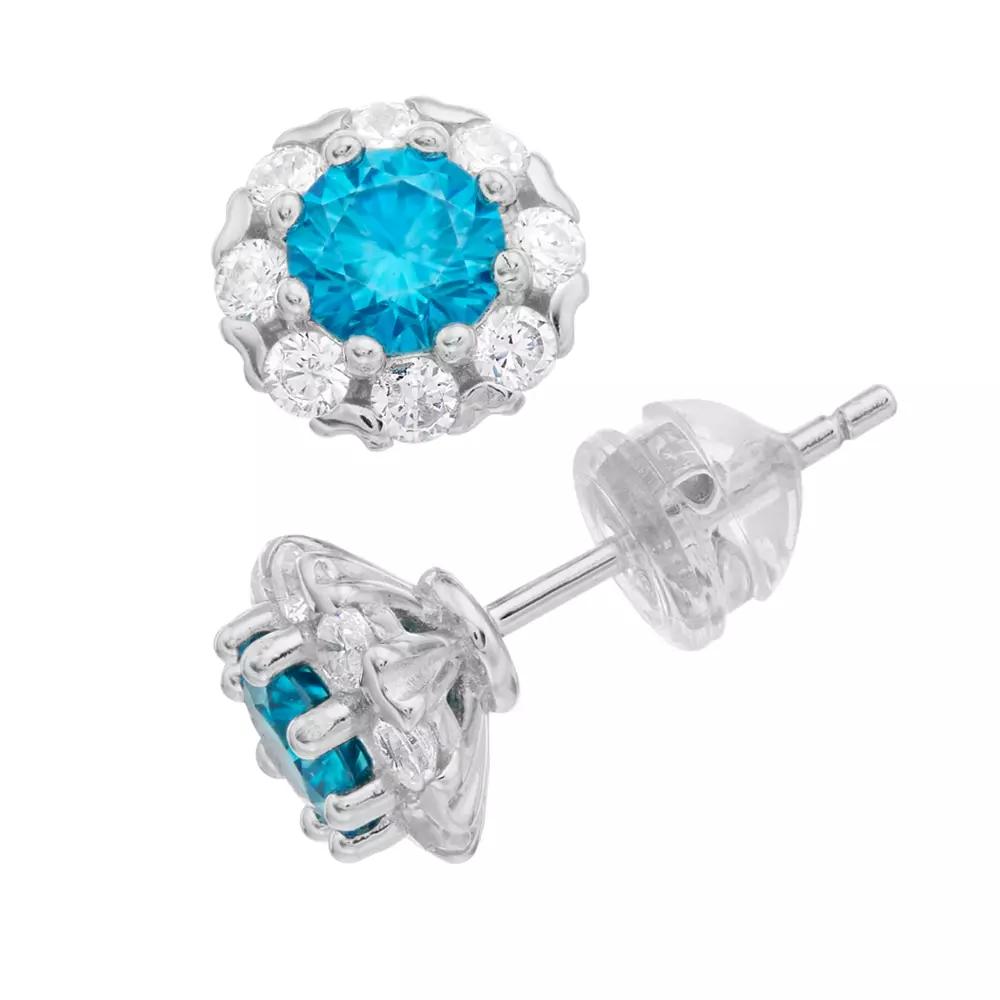 Stella Valentino Sterling Silver Lab Created Moissanite & Blue Topaz Round Halo Stud Earrings, Women's Product Image