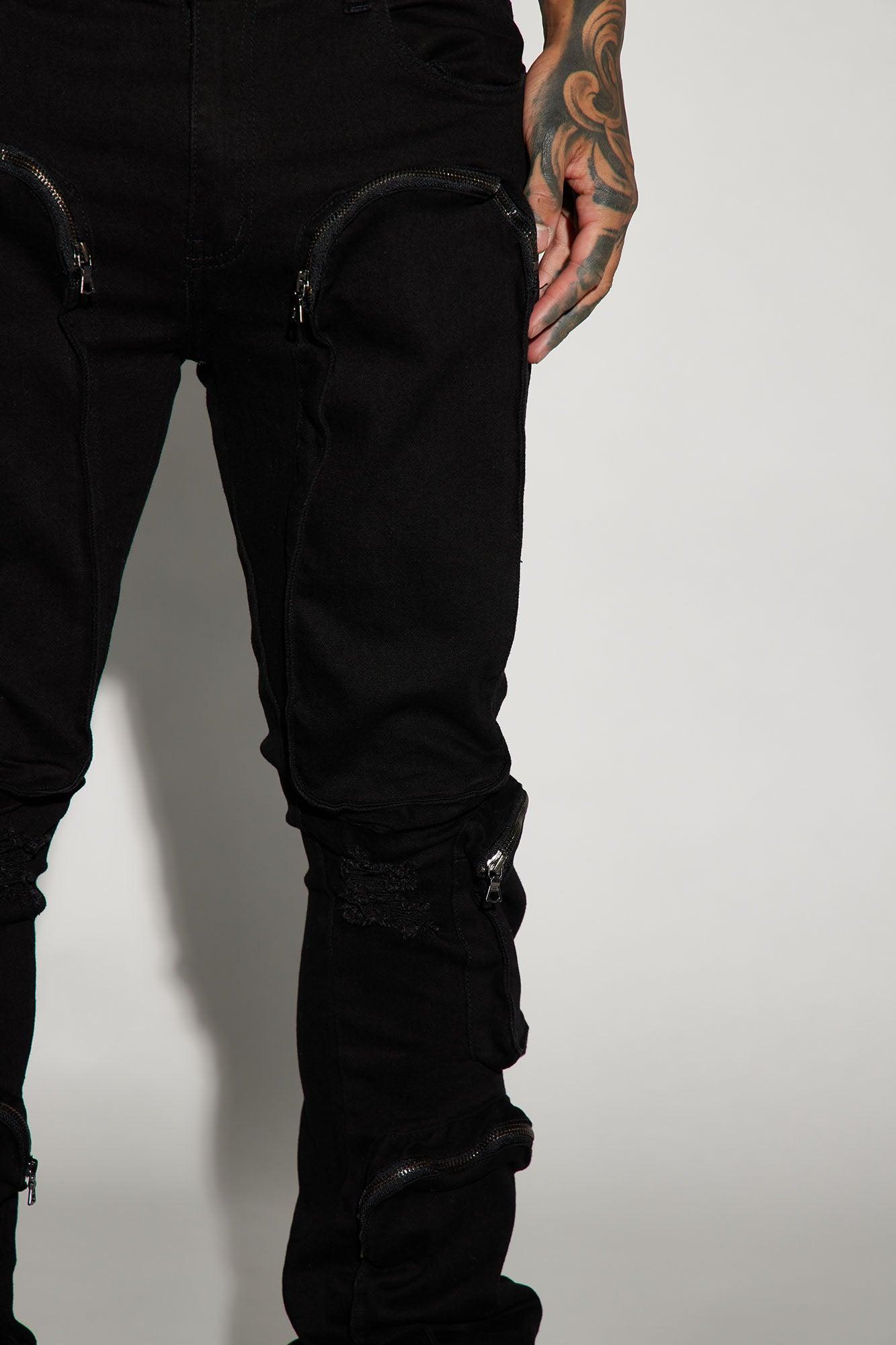 Many Pockets Cargo Stacked Skinny Flare Jeans - Black Product Image