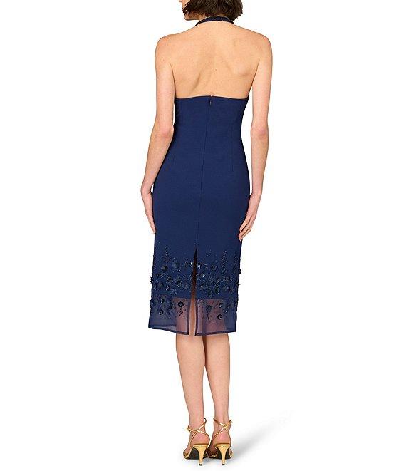 Aidan Mattox Halter V-Neck 3D Floral Beaded Crepe Sheath Midi Dress Product Image
