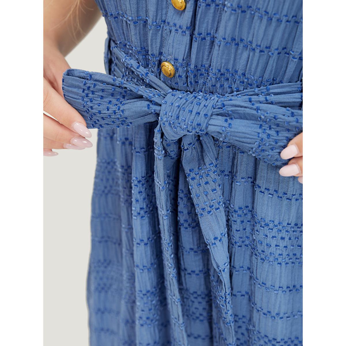 Plus Size Solid Textured Pocket Roll Batwing Sleeve Button Up Knee Dress Stone Women Office Cross straps V-neck Short sleeve Curvy Knee Dress BloomChic 28/5X Product Image