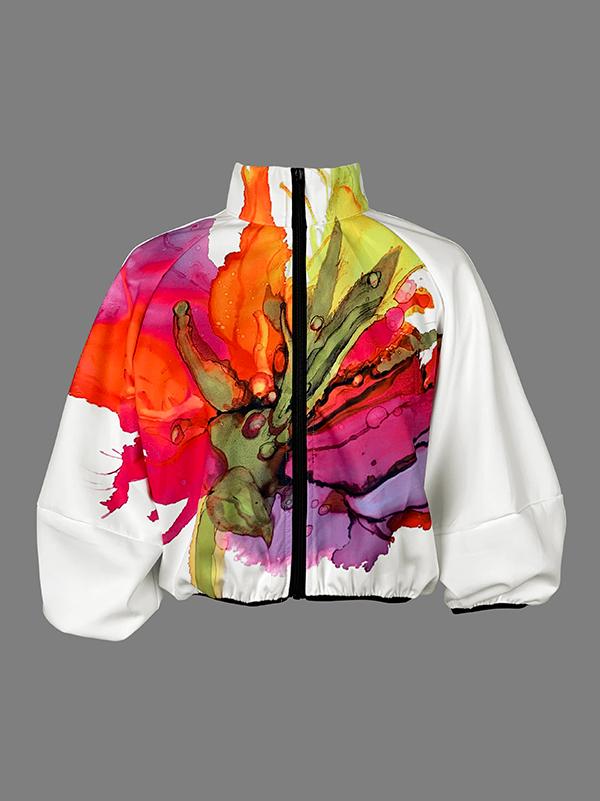 Loose Puff Sleeves Asymmetric Floral Printed Split-Joint High Neck Outerwear Product Image