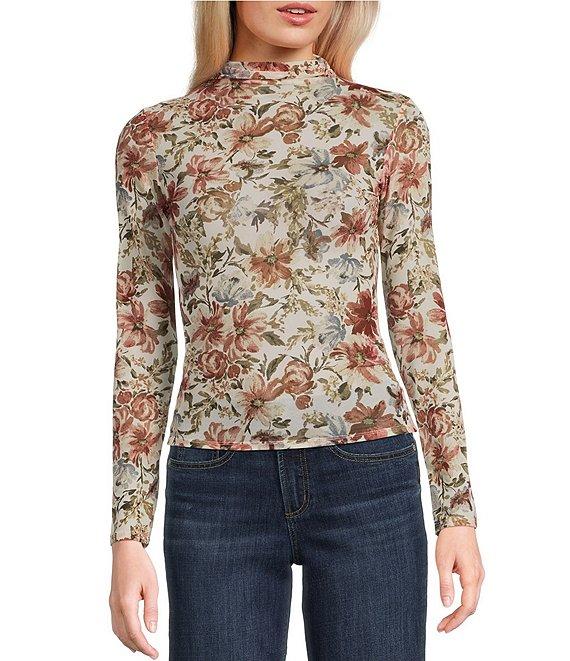 Blu Pepper Floral Printed Mesh Mock Neck Long Sleeve Top Product Image