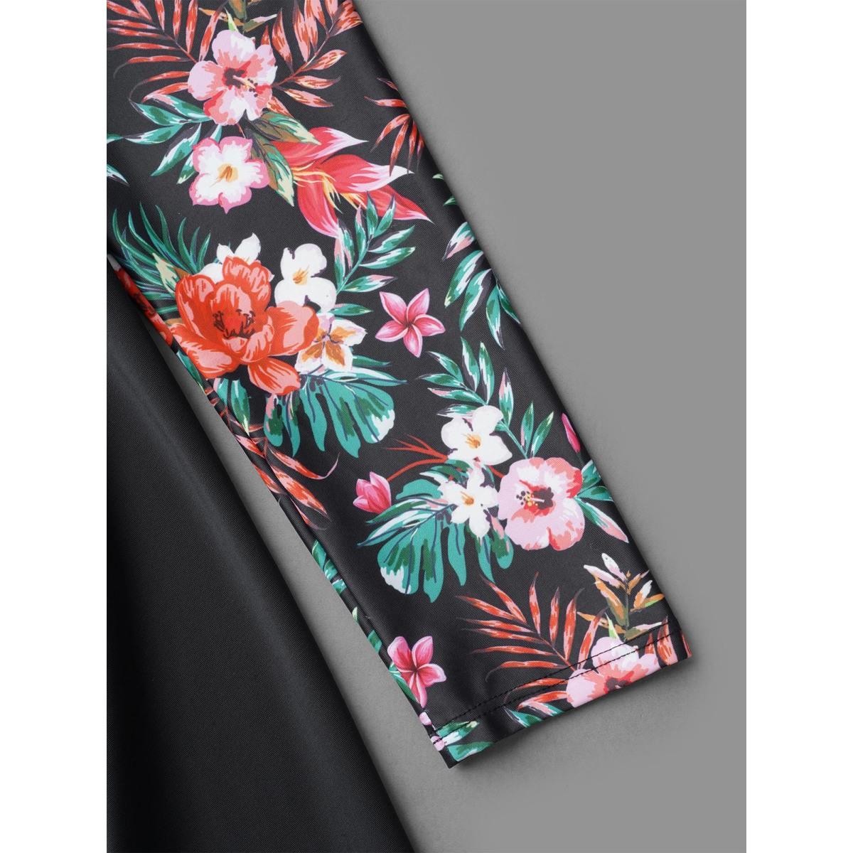 Plus Size Floral Sleeve Half Zipper Swim Dress Women's Swimwear Black Beach Bodycon Round Neck High stretch Curve Swim Dresses BloomChic 10/M Product Image