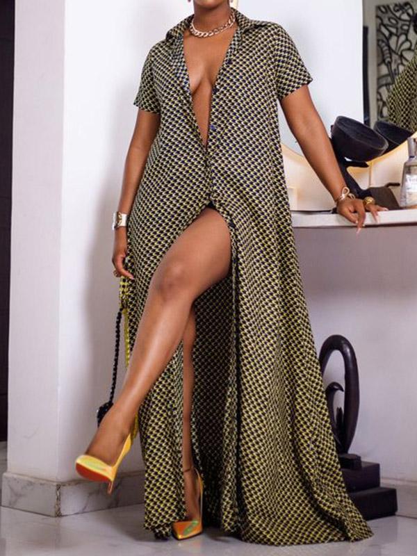 Loose Short Sleeves Printed Split-Joint Lapel Maxi Dresses Shirt Dress Product Image