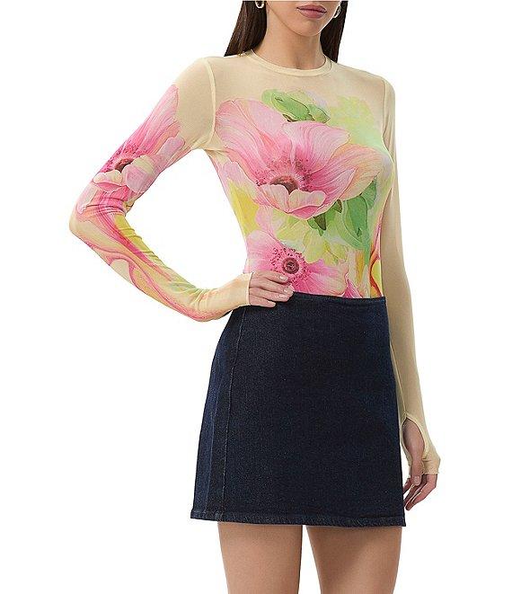 AFRM Kaylee Floral Print Crew Neck Long Sleeve Mesh Top Product Image