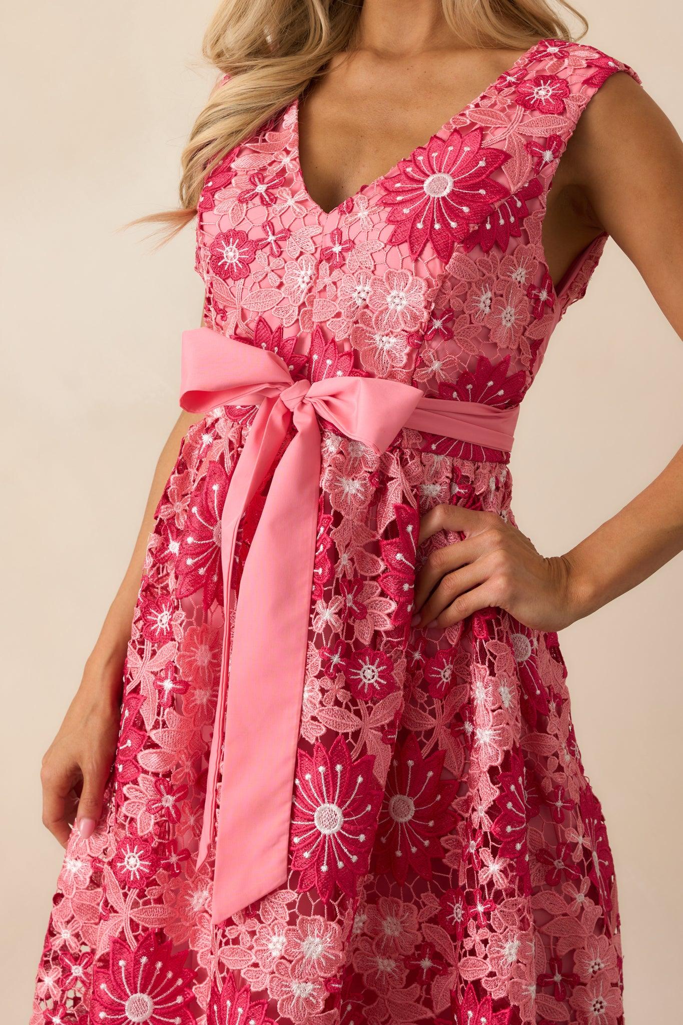 First Dance Pink Floral Embroidered Midi Dress Product Image