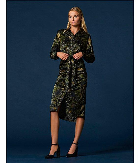 Antonio Melani Roxanne Satin Motif Print Point Collar Long Sleeve Button Front Belted Ruched Waist Midi Shirt Dress Product Image