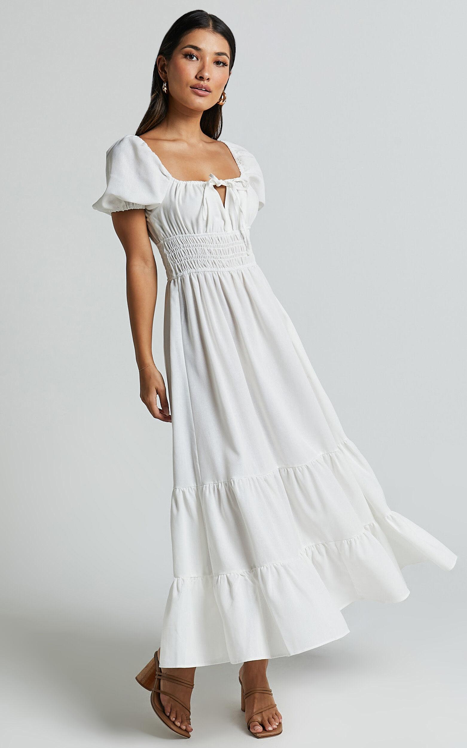 Claritza Midi Dress - Linen Look Short Puff Sleeve Square Neck Tiered Dress in White Product Image