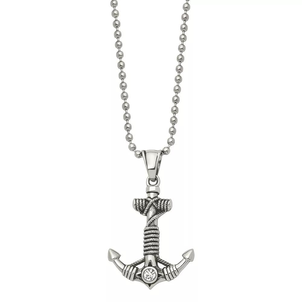 Men's Antiqued Stainless Steel Cubic Zirconia Anchor Pendant Necklace, Size: 20" Product Image