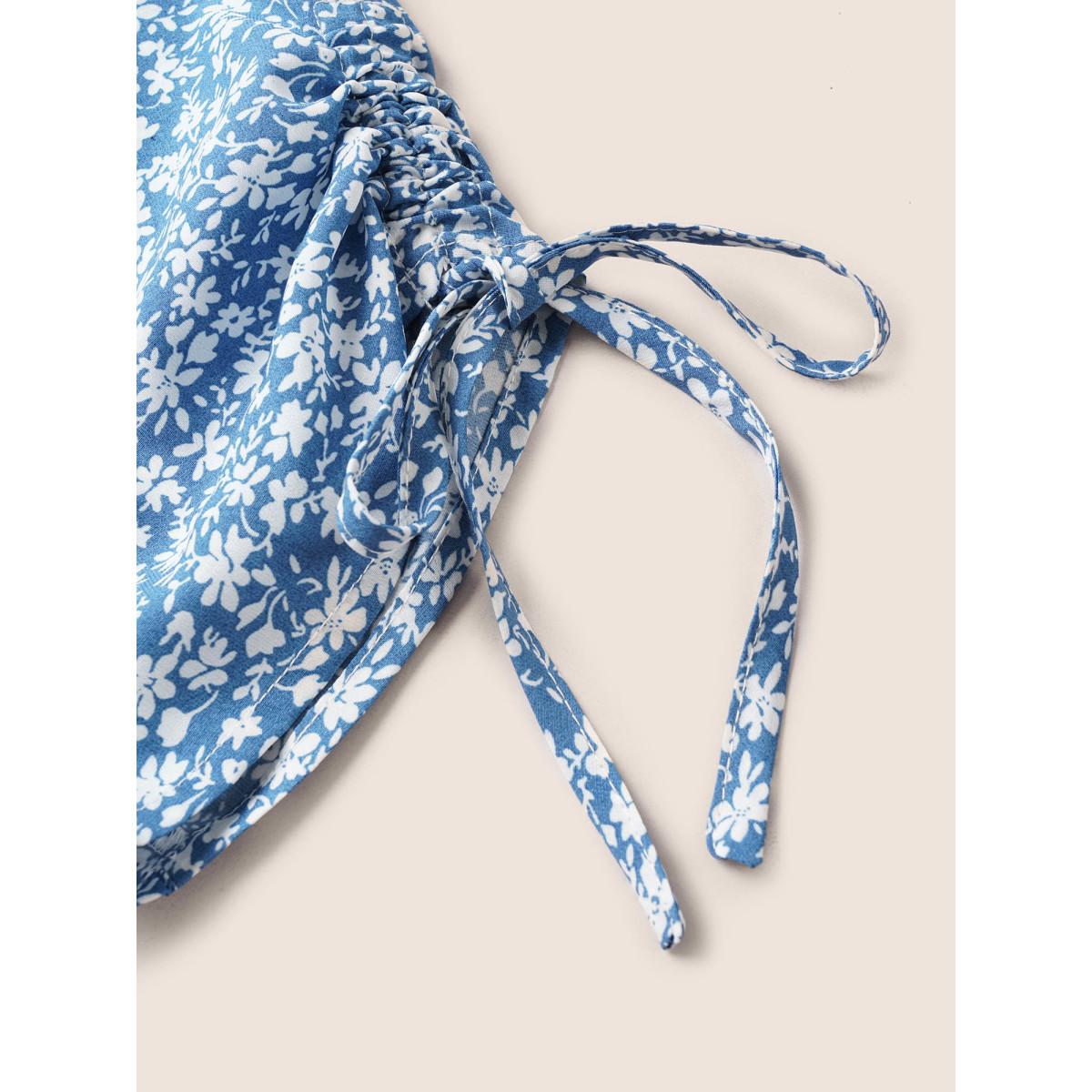 Plus Size Cerulean Ditsy Floral Knot Ties Sleeve Blouse Women Elegant Elbow-length sleeve V-neck Everyday Blouses BloomChic 10/M Product Image