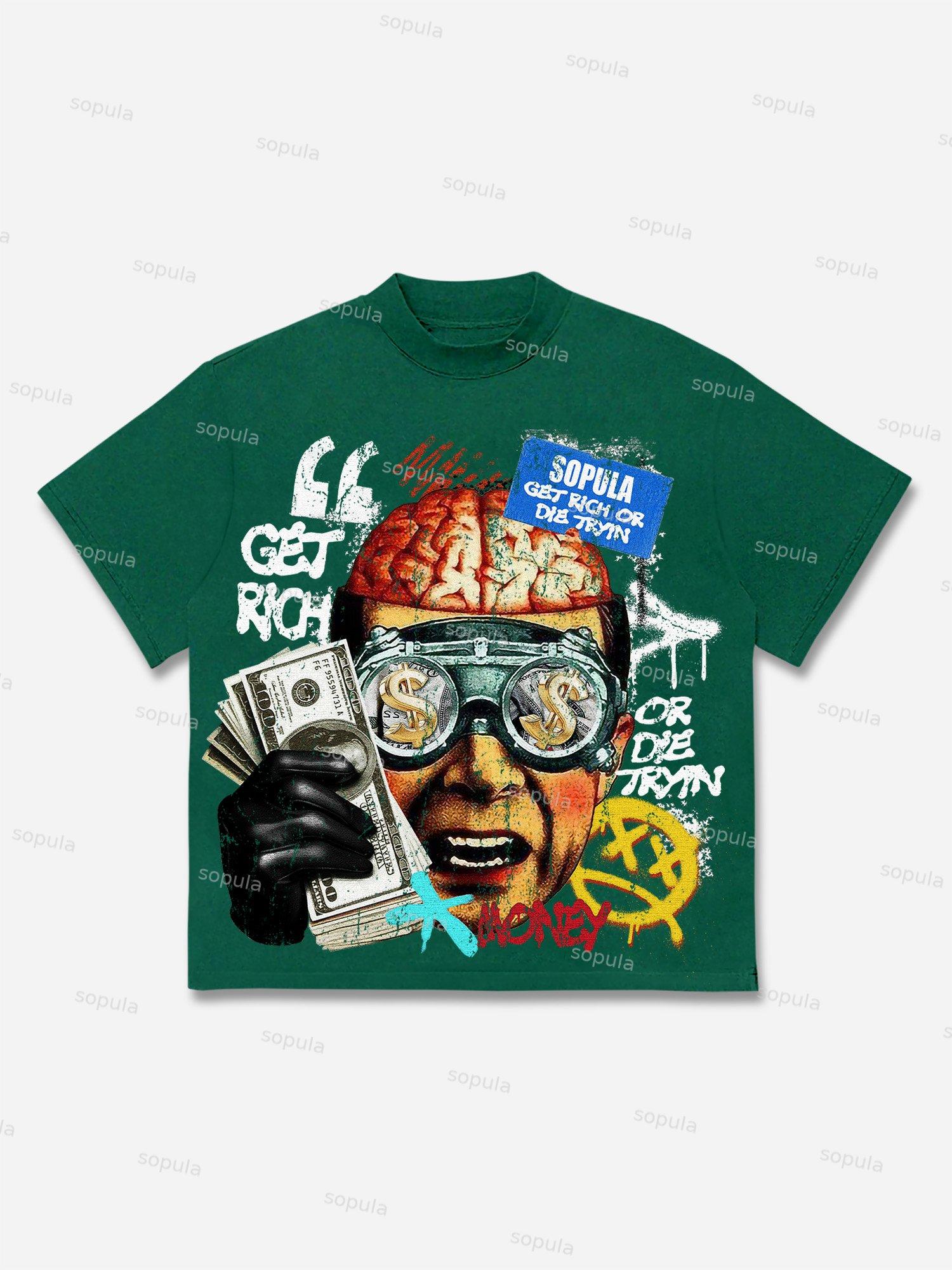 Vintage Get Rich Money Portrait Print Cotton T-shirt Product Image