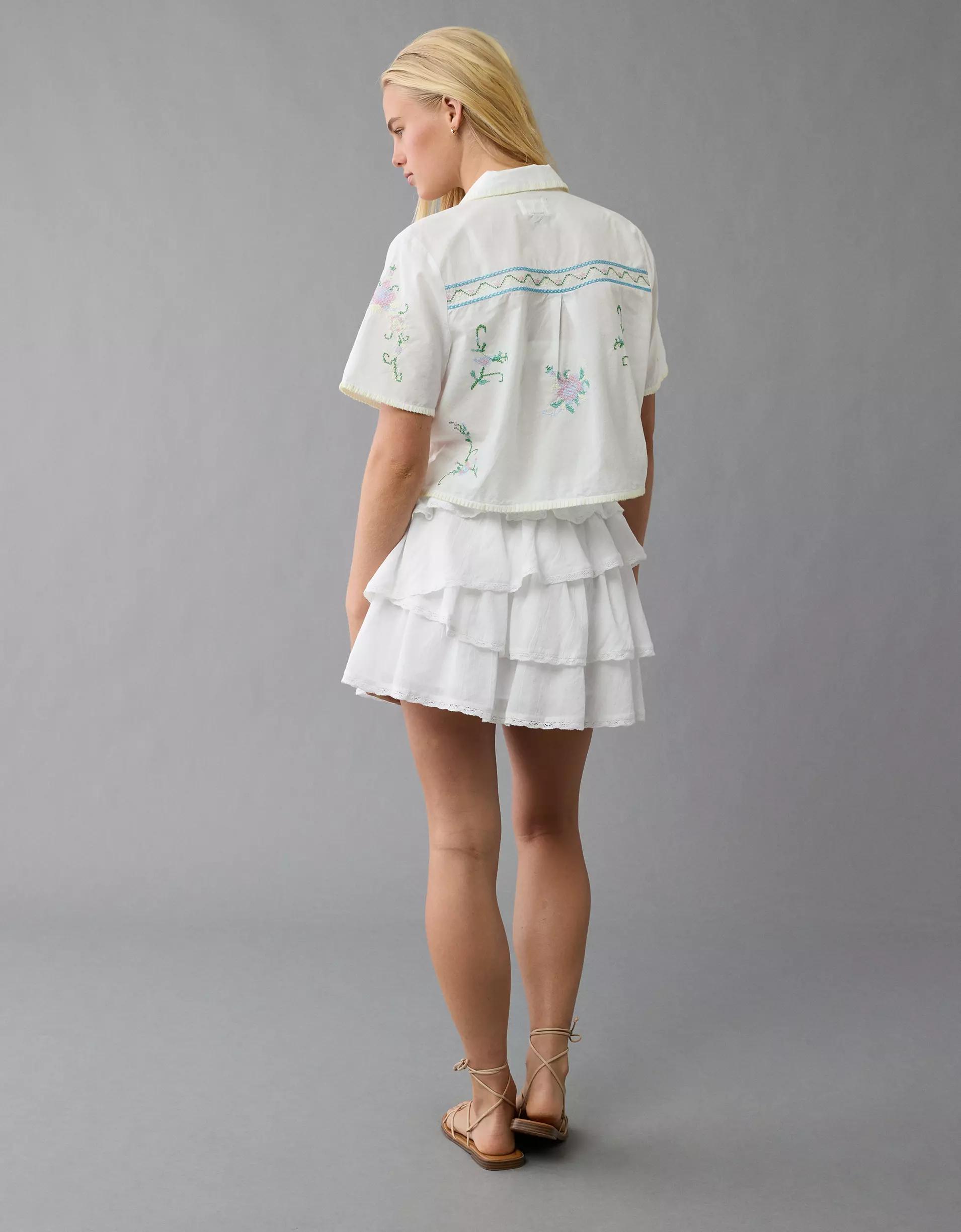AE High-Waisted Asymmetrical Tiered Ruffle Mini Skirt Product Image