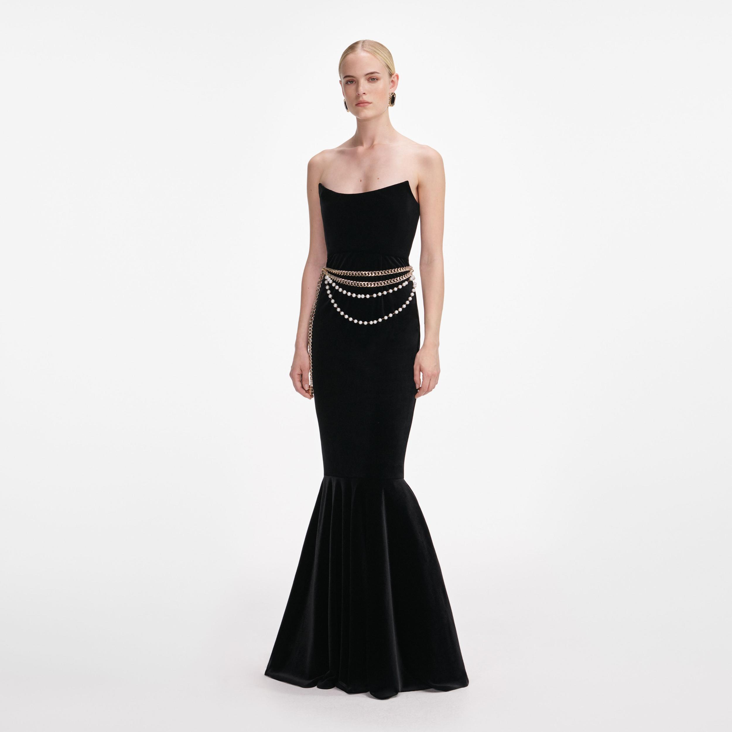Black Velvet Chain Belt Maxi Dress Product Image