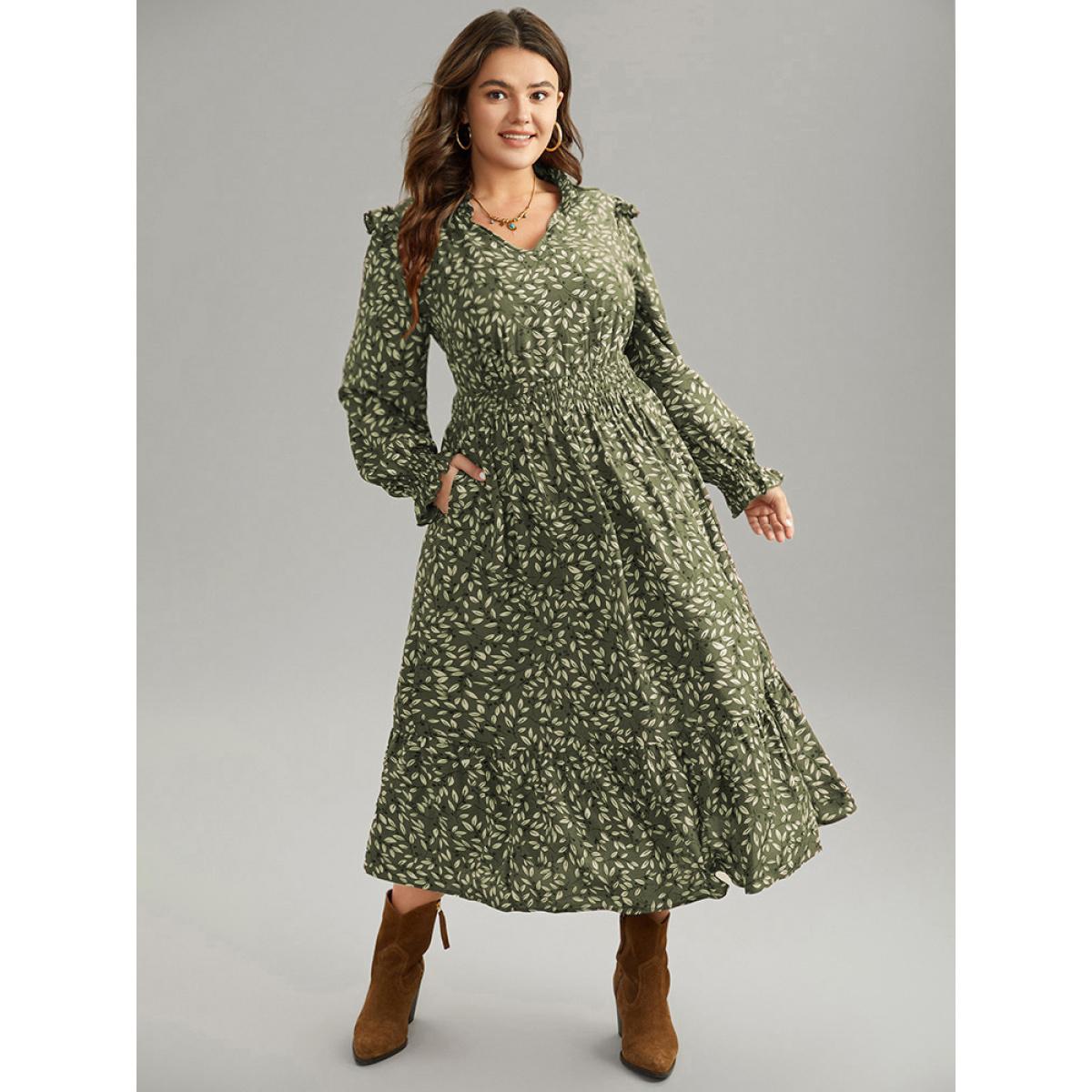 Plus Size Ditsy Floral Flutter Trim Pocket Shirred Dress Mint Women Elegant Printed Notched collar Long Sleeve Curvy Midi Dress BloomChic 12/L Product Image
