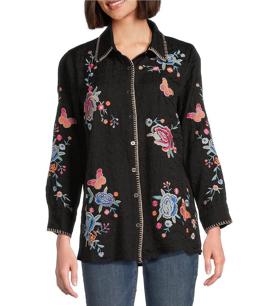 Calessa Petite Size Embroidered Textured Crinkle Point Collar Long Sleeve Button-Front Shirt Product Image