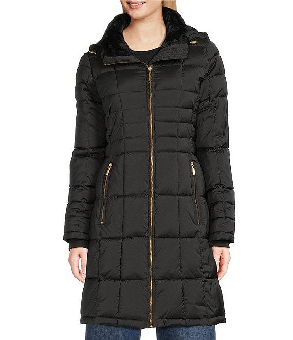 Donna Karan Faux Fur Trim Hooded Neck Zip Front Walker Puffer Coat Product Image