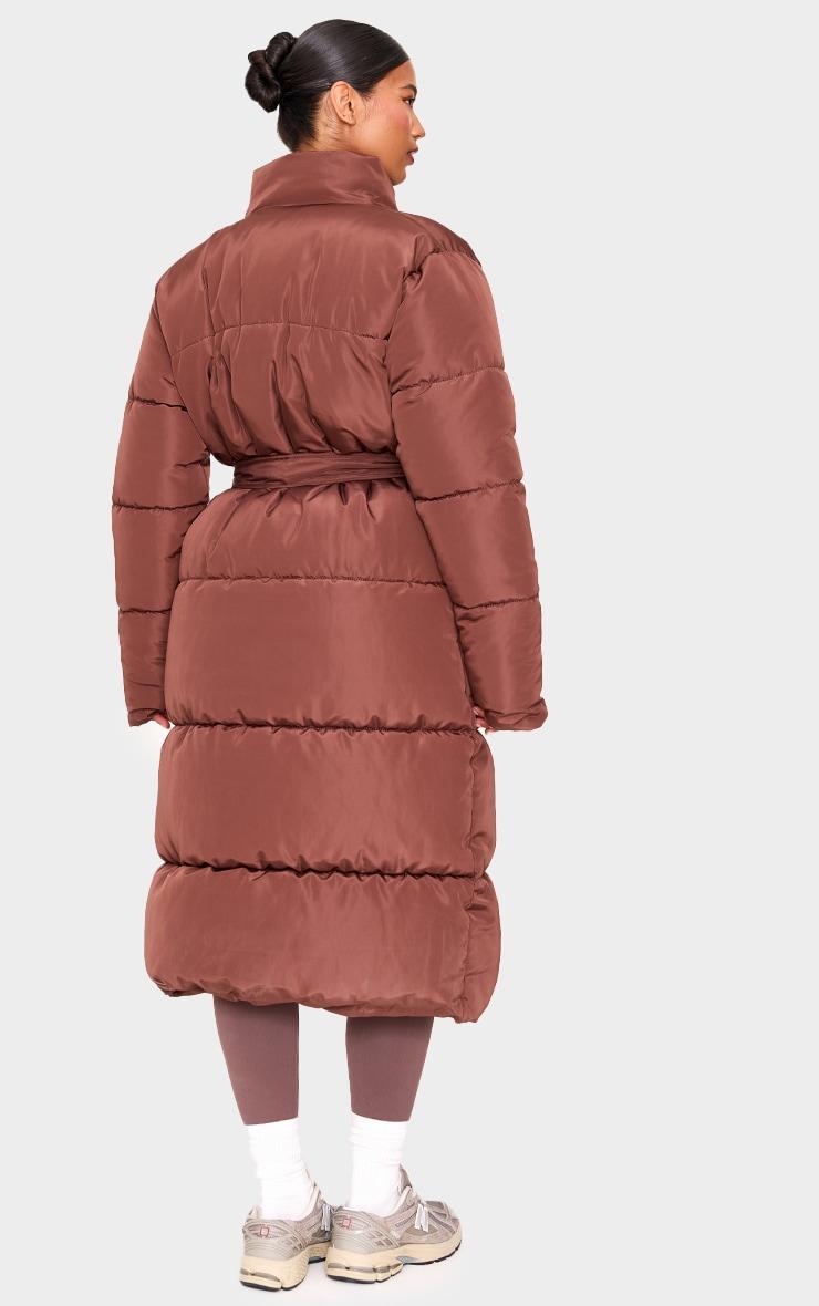 Mocha Quilted Longline Tie Waist Puffer Coat Product Image