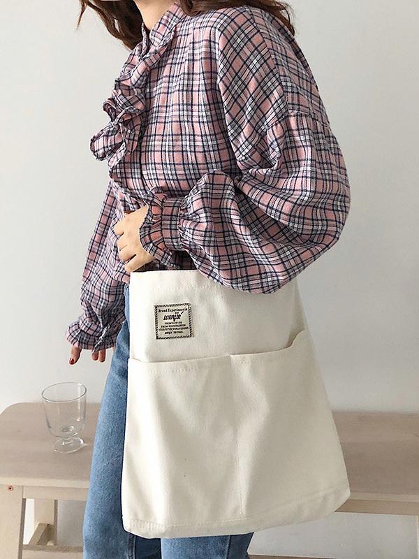 Simple Solid Color With-pockets Canvas Handbag Product Image