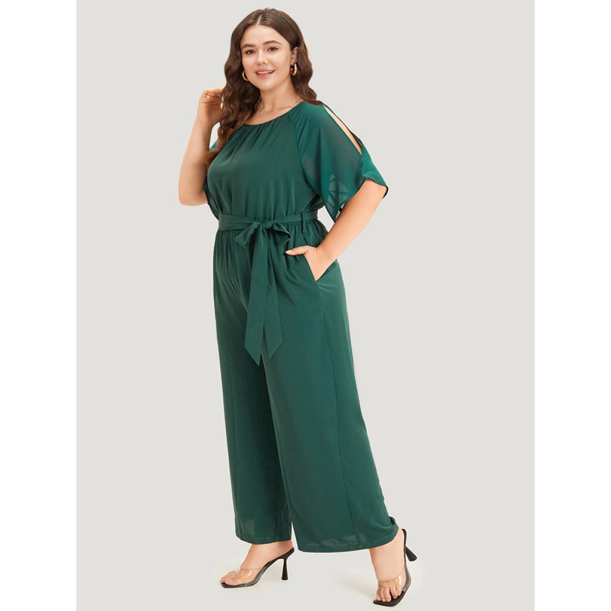 Plus Size DarkGreen Solid Belted Pocket Cut Out Zipper Jumpsuit Women Office Short sleeve Round Neck Office Loose Jumpsuits BloomChic 22-24/3X Product Image