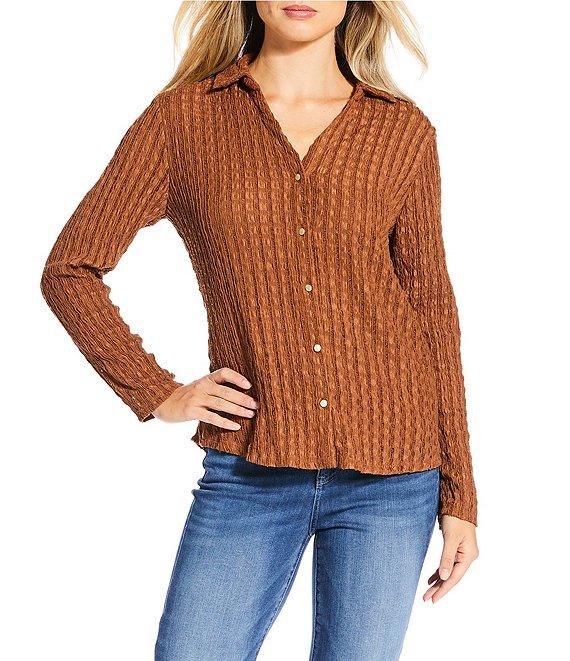 Investments Knit Long Sleeve Y-Neck Button Front Novelty Top Product Image