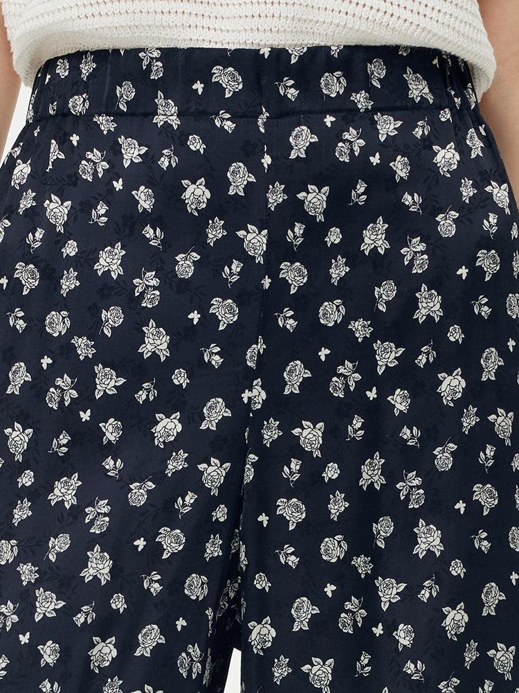 Floral Print Elastic Waist Women Wide Leg Pants With Scrunchie Product Image