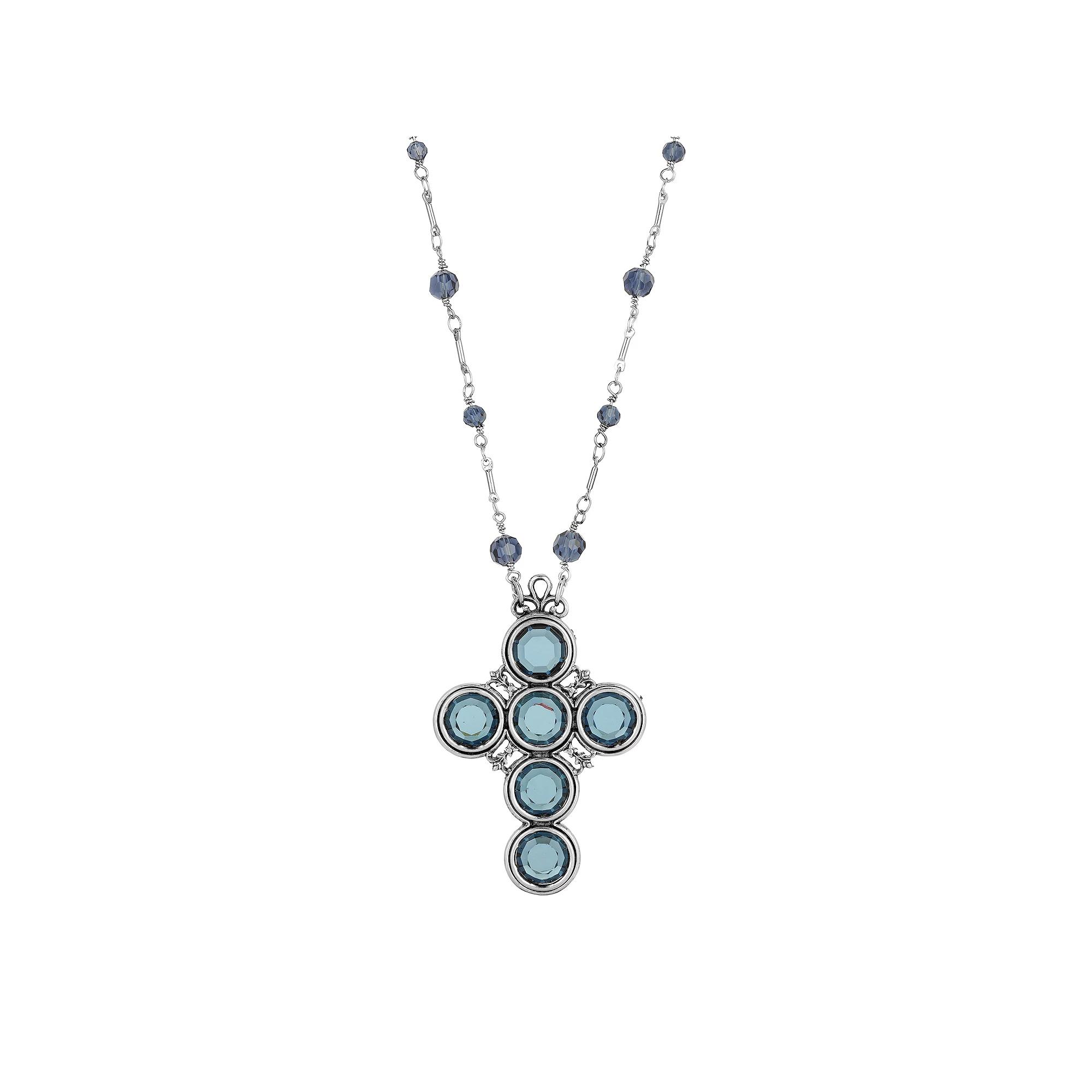 Symbols of Faith Silver Tone & Blue Crystal Cross Necklace, Womens Product Image