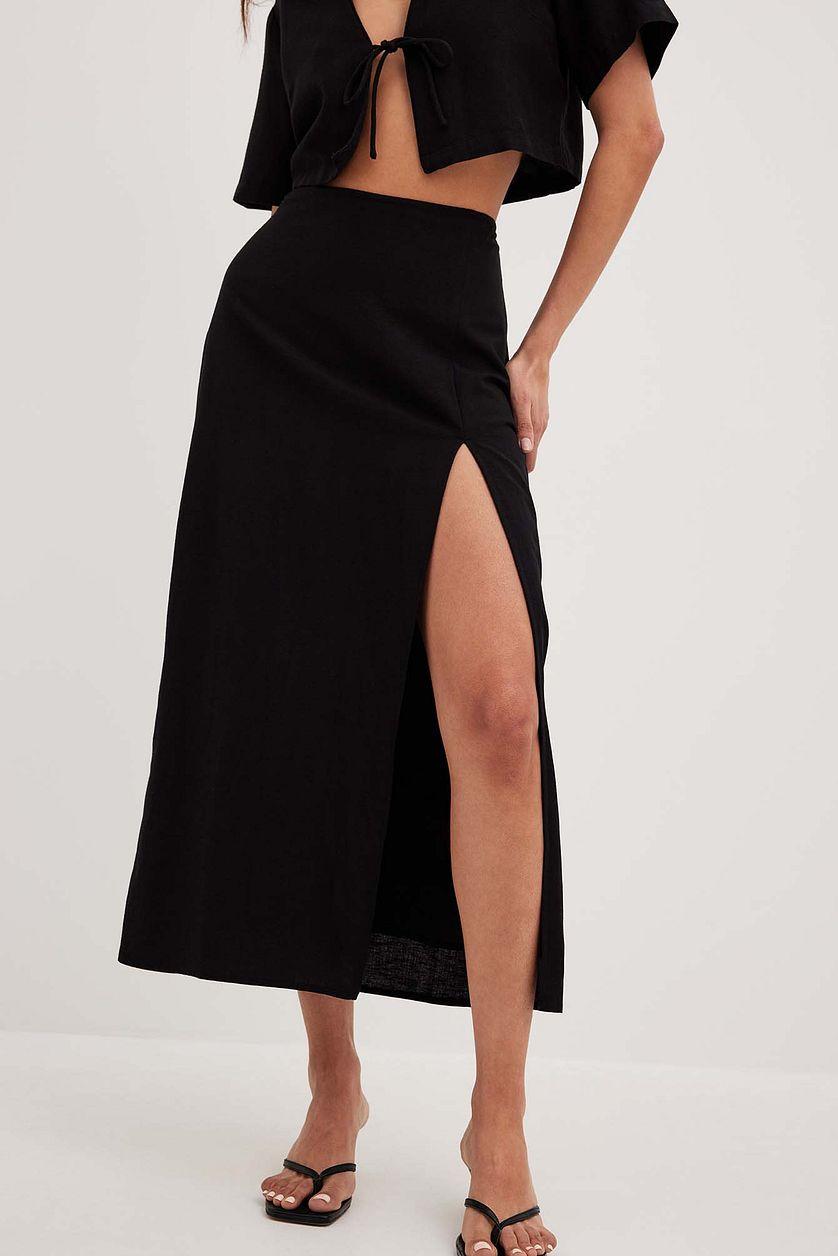 Linen Mix Slit Detail Midi Skirt Product Image