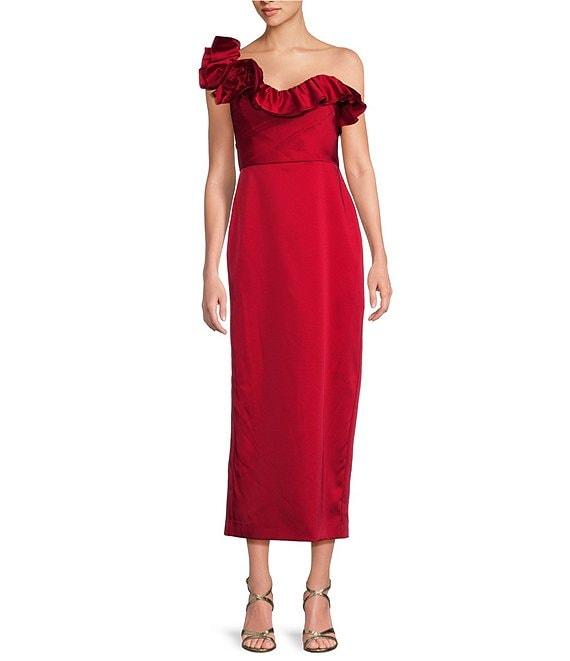 Muse by Marchesa Holly Satin 3D Floral Carnation Ruched Sweetheart Neck Asymmetrical One Shoulder Sheath Midi Dress Product Image