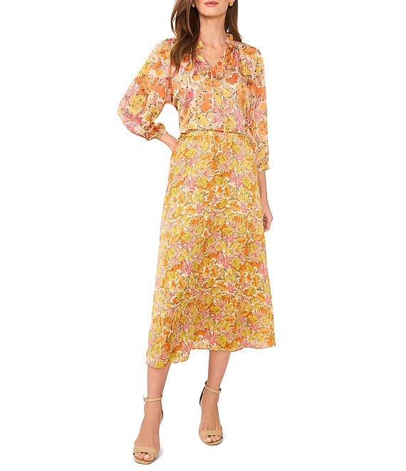 Vince Camuto Satin Floral Pull-On Midi Skirt Product Image