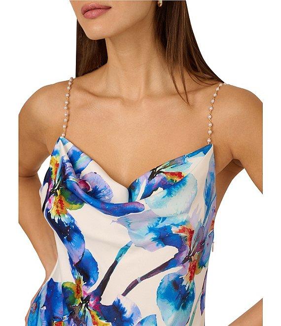Adrianna by Adrianna Papell Satin Floral Print Cowl Neck Sleeveless Rhinestone Straps Slip Maxi Dress Product Image
