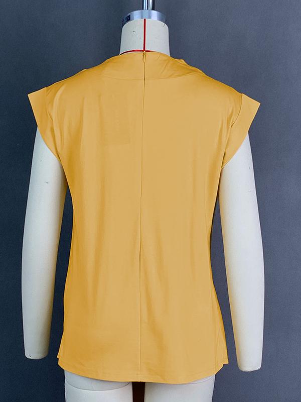 Loose Sleeveless Asymmetric Pleated Solid Color Split-Joint Mock Neck T-Shirts Tops Product Image