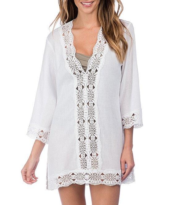 La Blanca Island Fare V-Neck Crinkle Crochet Trim Swim Cover Up Tunic Product Image