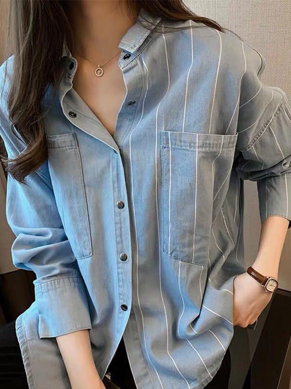 Vintage Striped Splice Denim Blouses&Shirts Product Image
