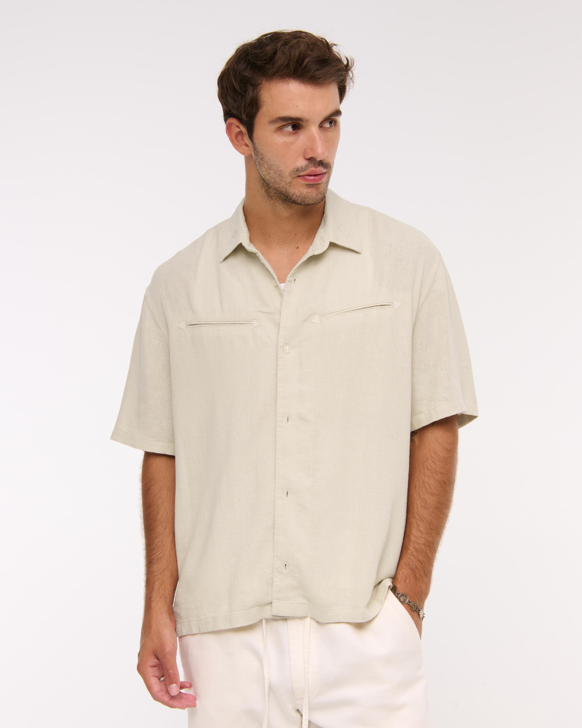 Short-Sleeve Summer Linen-Blend Button-Up Shirt Product Image