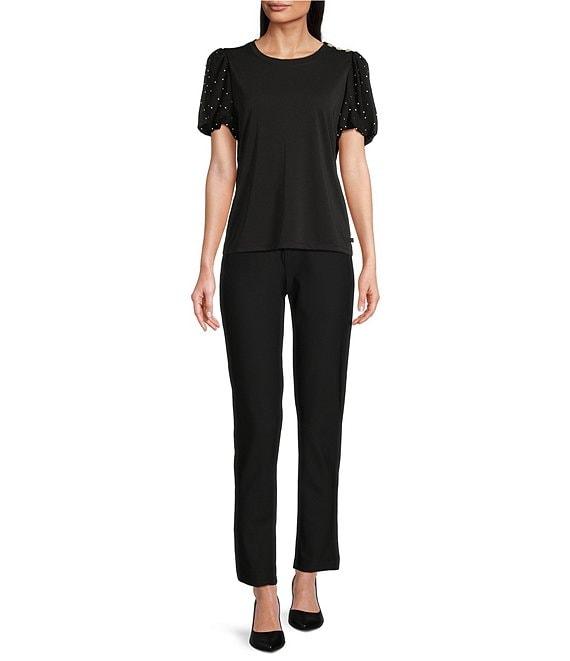 KARL LAGERFELD PARIS Mixed Media Crew Neck Short Puff Sleeve Embellished Top Product Image