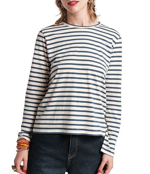 FRANCES VALENTINE Pima Cotton Crew Neck Long Sleeve Stripe Print Tee Shirt Product Image