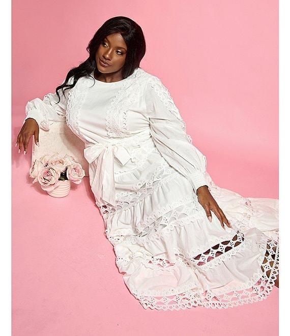 Layered With Love Plus Size Crew Neck Long Sleeve Bow Waist Detail Crochet Trim A-Line Dress Product Image