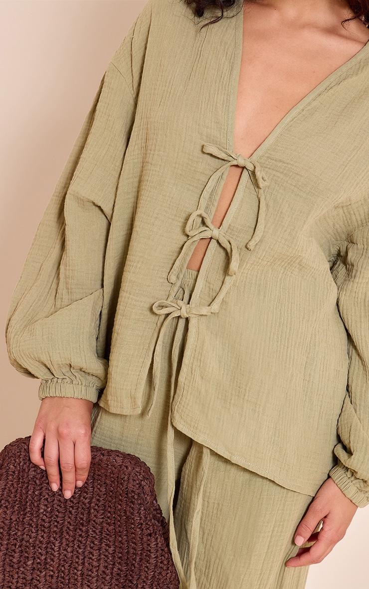 Khaki Cheesecloth Textured Tie Front Shirt Product Image