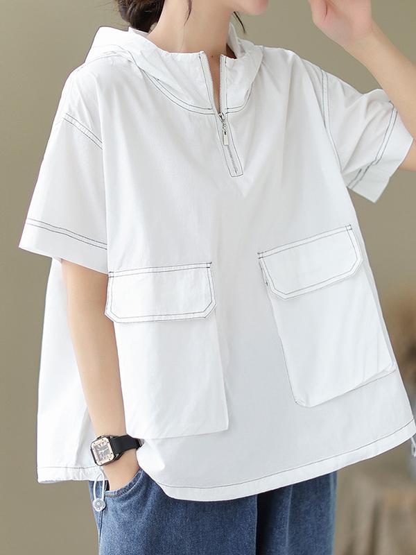 Loose Short Sleeves Zipper Hooded T-Shirts Tops Product Image